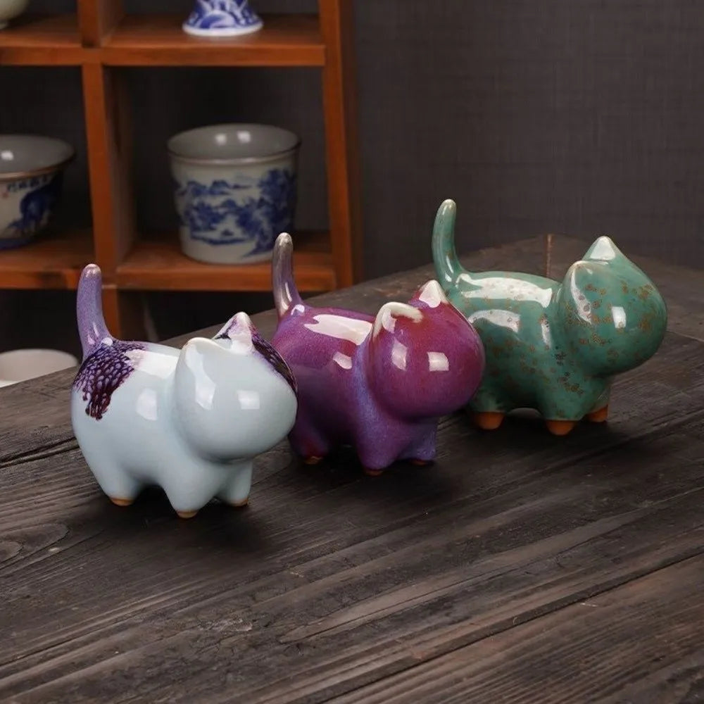 1/4pcs Cat Tea Pet Ceramic Ornament Chinese Style Desktop Decoration Jun Porcelain Cat Tea Pet Craft Lazy Cat Car Ornament