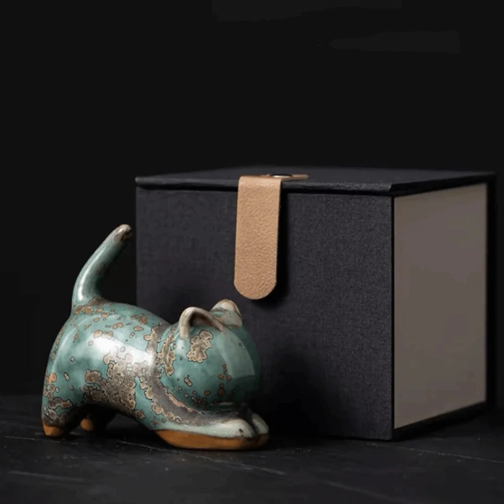 1/4pcs Cat Tea Pet Ceramic Ornament Chinese Style Desktop Decoration Jun Porcelain Cat Tea Pet Craft Lazy Cat Car Ornament