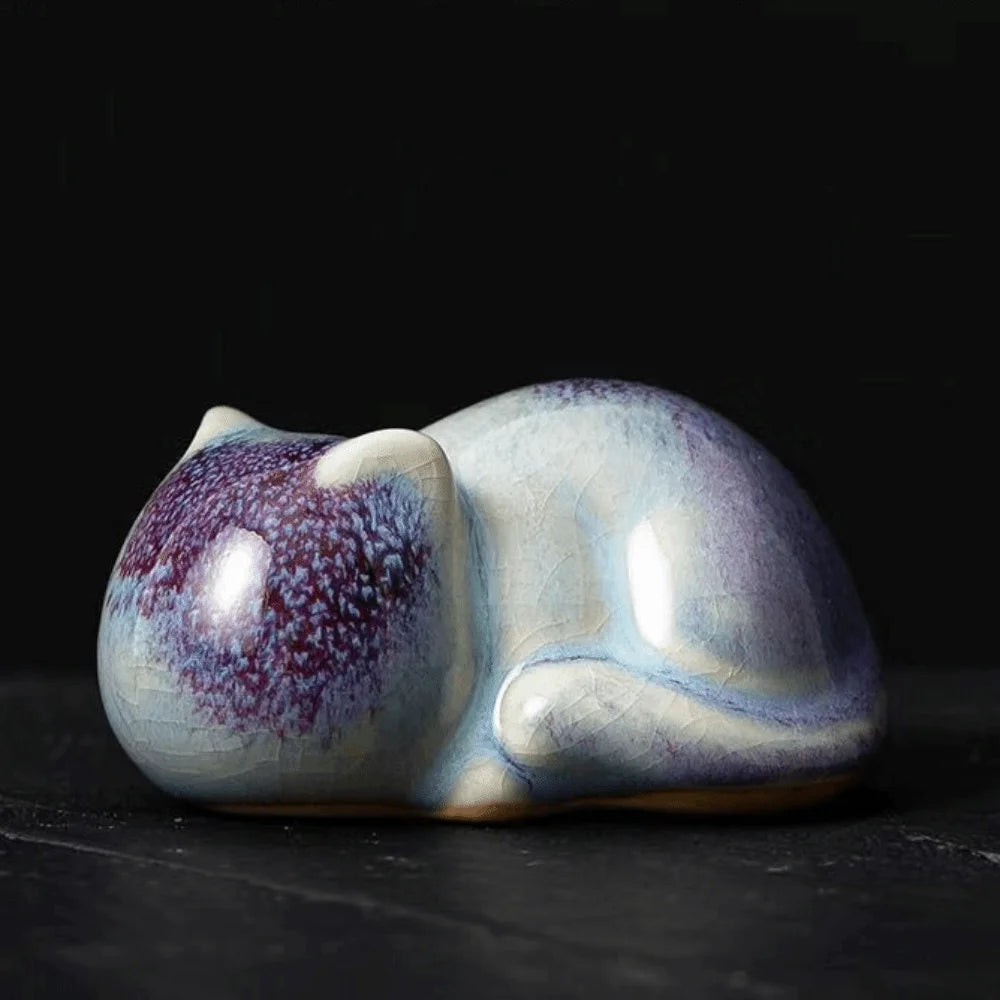 1/4pcs Cat Tea Pet Ceramic Ornament Chinese Style Desktop Decoration Jun Porcelain Cat Tea Pet Craft Lazy Cat Car Ornament