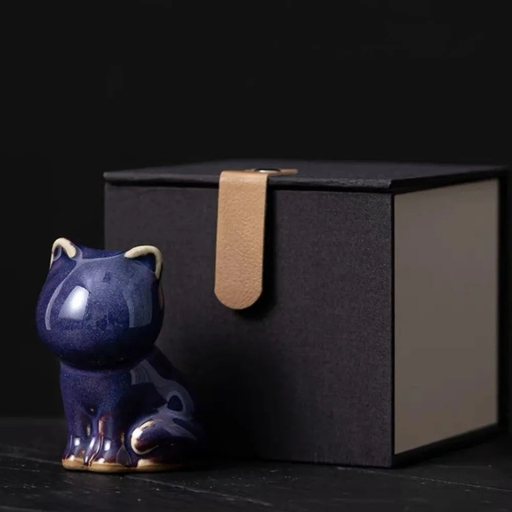 1/4pcs Cat Tea Pet Ceramic Ornament Chinese Style Desktop Decoration Jun Porcelain Cat Tea Pet Craft Lazy Cat Car Ornament