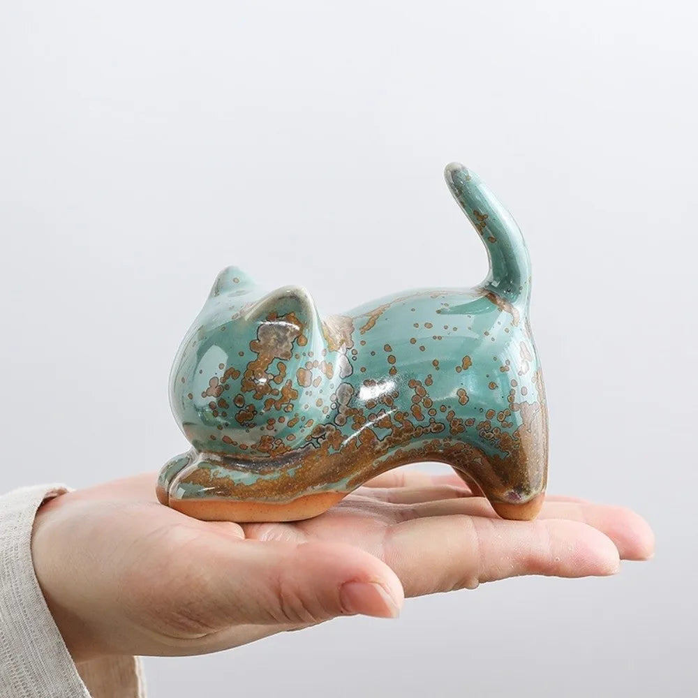 1/4pcs Cat Tea Pet Ceramic Ornament Chinese Style Desktop Decoration Jun Porcelain Cat Tea Pet Craft Lazy Cat Car Ornament