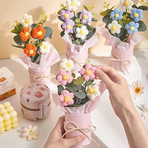 1/2Pcs Exquisite Handmade Crocheted Bucket Bouquet Daisies Braid Mother's Day Valentine's Day Birthday Wedding Home Decoration