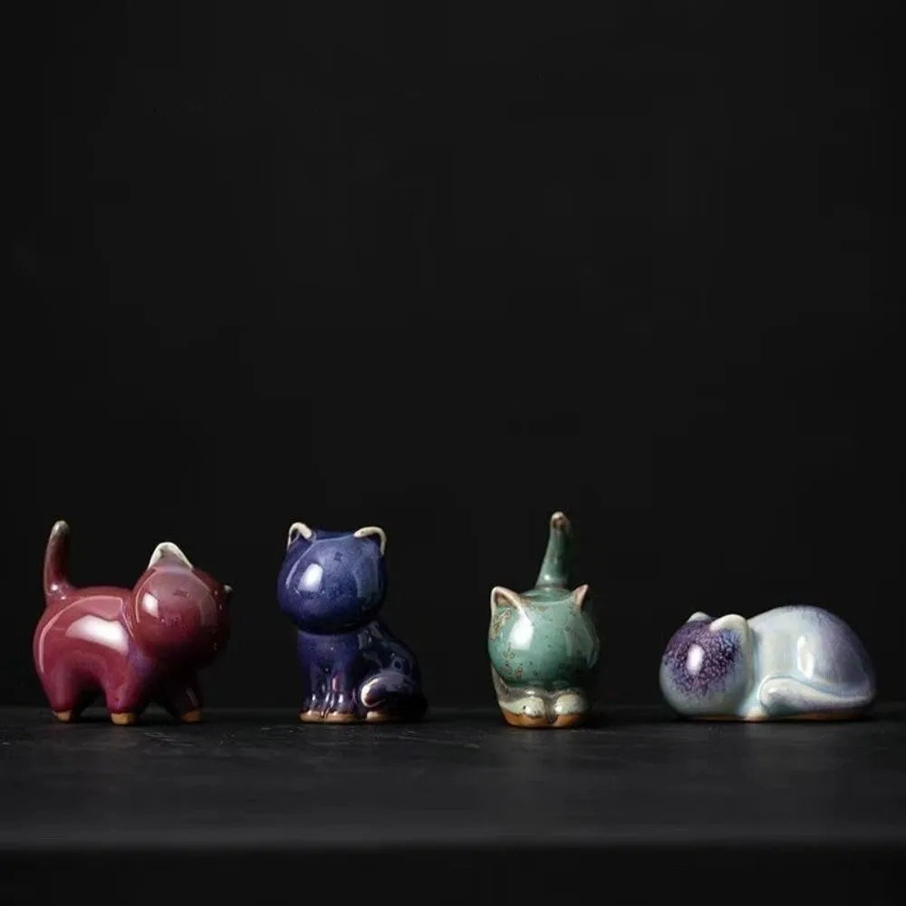 1/4pcs Cat Tea Pet Ceramic Ornament Chinese Style Desktop Decoration Jun Porcelain Cat Tea Pet Craft Lazy Cat Car Ornament