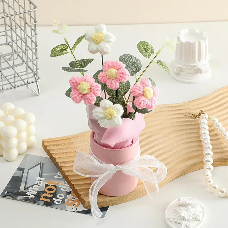 1/2Pcs Exquisite Handmade Crocheted Bucket Bouquet Daisies Braid Mother's Day Valentine's Day Birthday Wedding Home Decoration