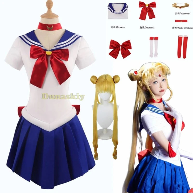 Anime Sailor Cosplay Costume Tsukino Usagi Uniform Dress Outfit Wig Headband Moon Cosplay For Women Girls Carnival Party Set