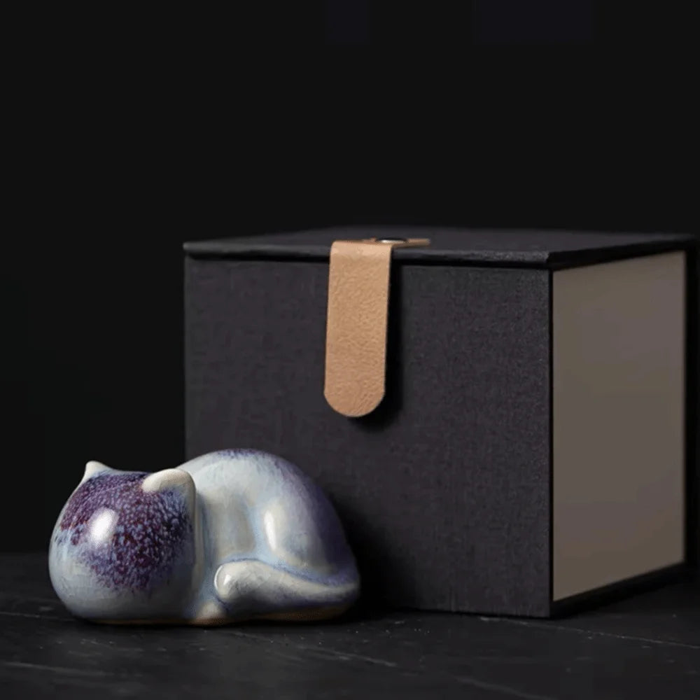 1/4pcs Cat Tea Pet Ceramic Ornament Chinese Style Desktop Decoration Jun Porcelain Cat Tea Pet Craft Lazy Cat Car Ornament