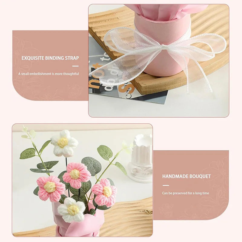 1/2Pcs Exquisite Handmade Crocheted Bucket Bouquet Daisies Braid Mother's Day Valentine's Day Birthday Wedding Home Decoration