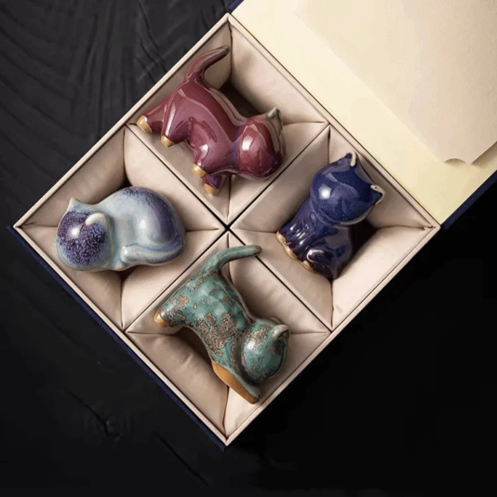 1/4pcs Cat Tea Pet Ceramic Ornament Chinese Style Desktop Decoration Jun Porcelain Cat Tea Pet Craft Lazy Cat Car Ornament