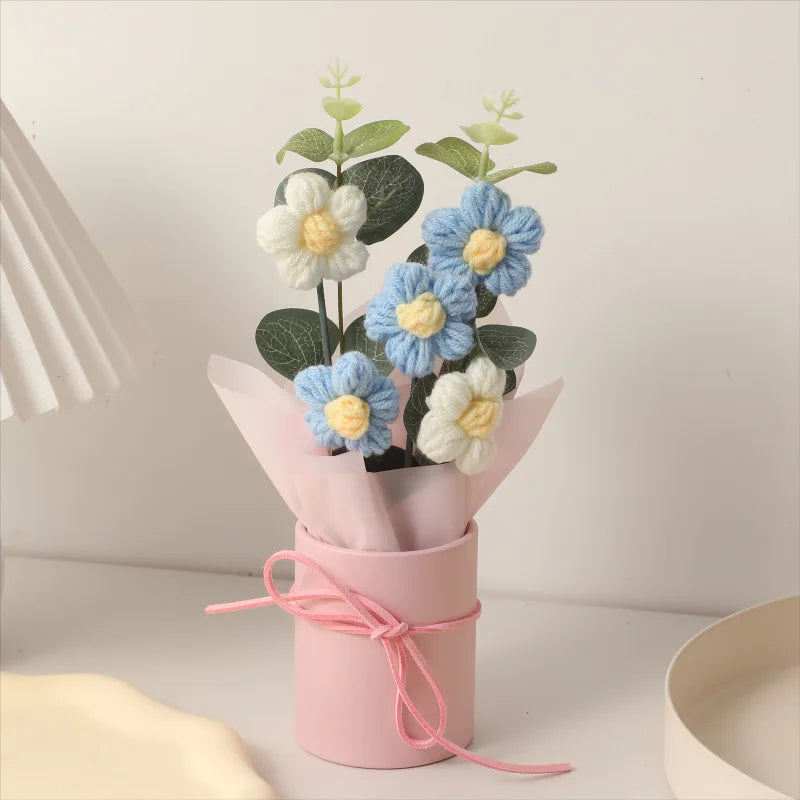 1/2Pcs Exquisite Handmade Crocheted Bucket Bouquet Daisies Braid Mother's Day Valentine's Day Birthday Wedding Home Decoration