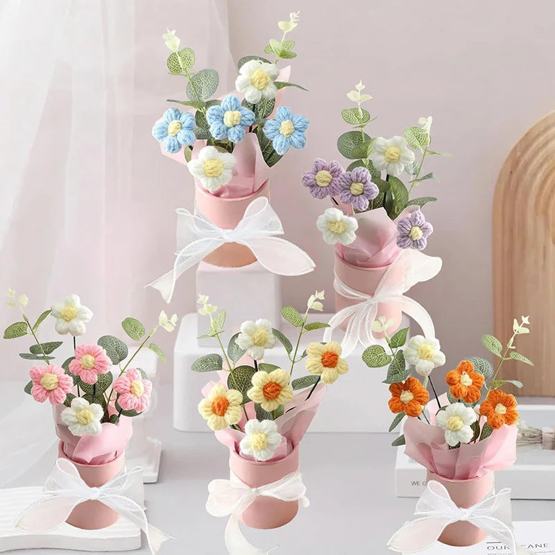 1/2Pcs Exquisite Handmade Crocheted Bucket Bouquet Daisies Braid Mother's Day Valentine's Day Birthday Wedding Home Decoration