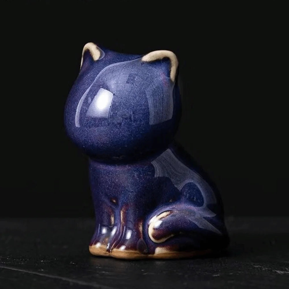 1/4pcs Cat Tea Pet Ceramic Ornament Chinese Style Desktop Decoration Jun Porcelain Cat Tea Pet Craft Lazy Cat Car Ornament