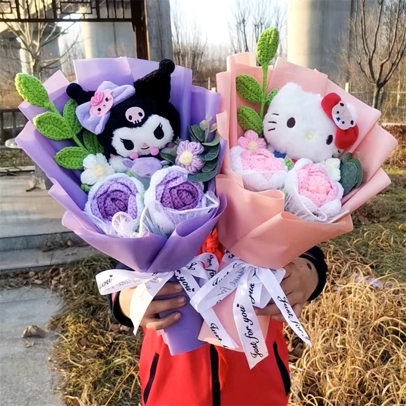 Anime Kuromi Hello Kitty Cinnamoroll Plush Bouquet Handmade Knitting Rose Gift Valentine's Day Christmas Birthday Holiday Gift