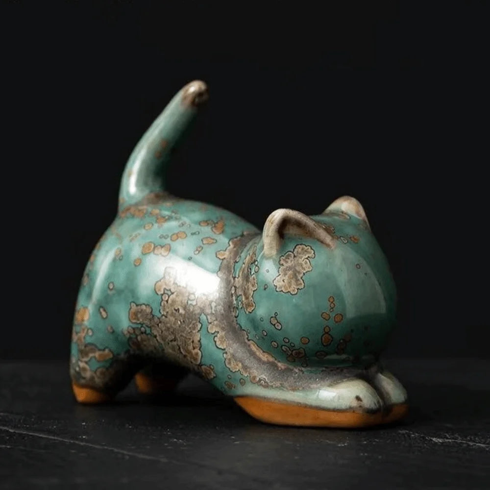 1/4pcs Cat Tea Pet Ceramic Ornament Chinese Style Desktop Decoration Jun Porcelain Cat Tea Pet Craft Lazy Cat Car Ornament